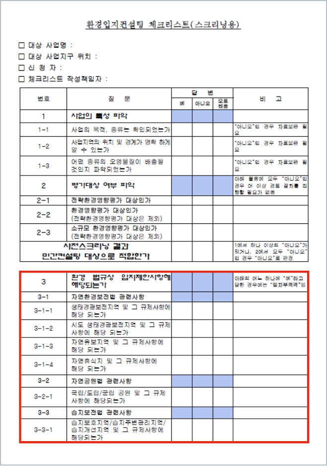 환경입지컨설팅 체크리스트(스크리닝용) 이미지로 환경 법규상 입지 제한 사항에 해당되는지 등에 대한 체크리스트가 기재되어 있다