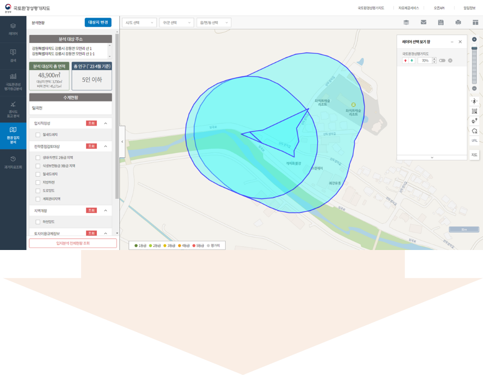 토지피복지도의 44개 세분류 코드를 재분류하여 작성된 지역구분도. 자연 지역은 보라색으로 표시되고, 준자연 지역은 연보라색으로, 인공 지역은 회색으로 표시됩니다.
